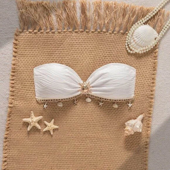 White Minimalist Women's Bikini Top with Ocean Starfish Shell Pendant - Picture 3 of 6